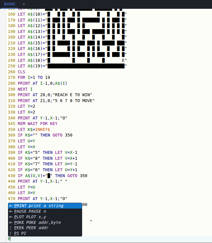 The code completion popup open over the editor, listing keyword matches for the typed prefix with the best match highlighted at the top