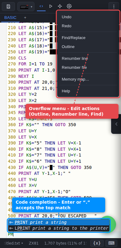 Annotated mobile editor showing the overflow menu's Edit actions and the code completion popup