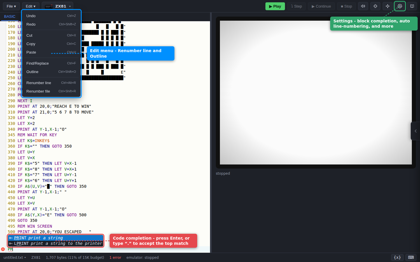 Annotated desktop editor showing the code completion popup, the open Edit menu (Renumber line and Outline), and the Settings button