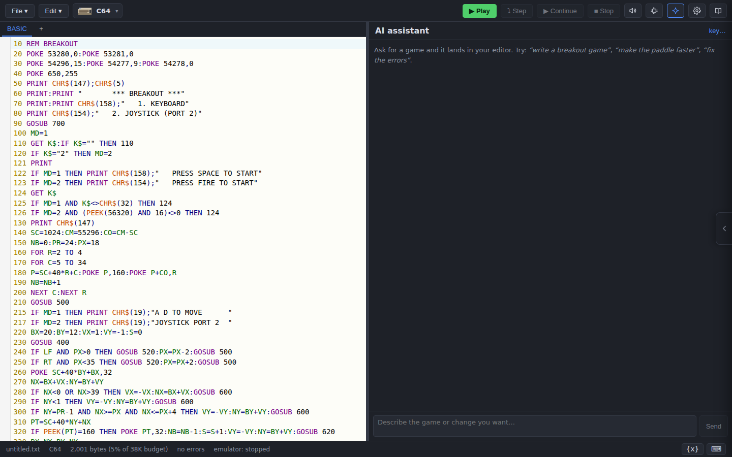 The AI panel generating a BASIC program