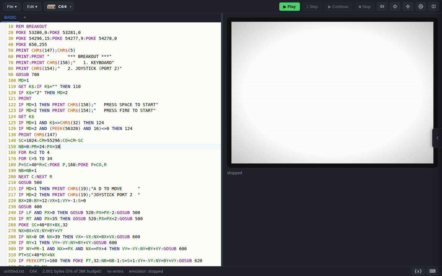 The editor with BASIC syntax highlighting and inline lint errors