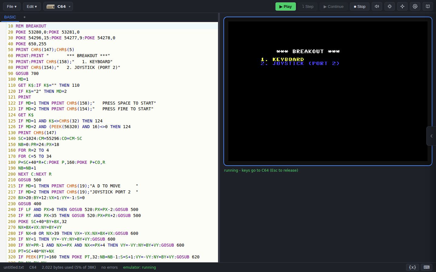 A BASIC game running in the built-in emulator
