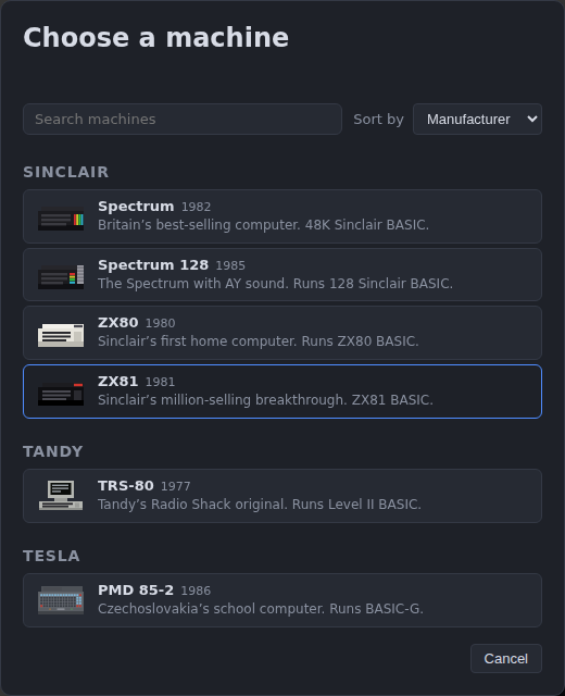 The Choose a machine picker: a search box and a Sort by control above the machine list, each machine shown with its illustration, release year and a one-line description naming its BASIC