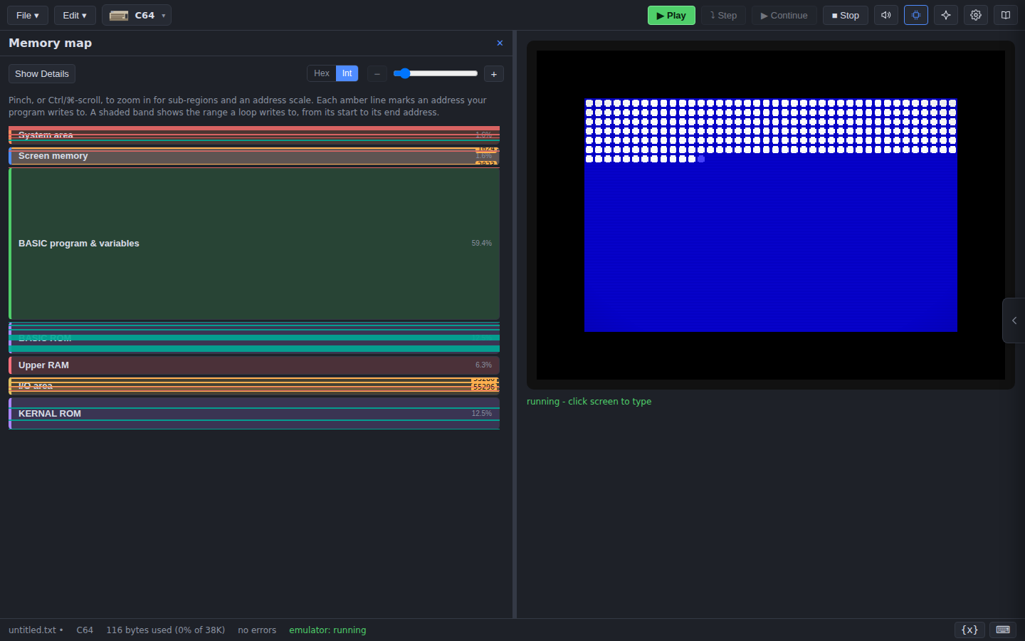 The memory map docked to the left of the running C64 emulator: bands across ROM and the workspace glow teal for reads while the screen and I/O regions glow coral for writes, as the program fills the screen on the right