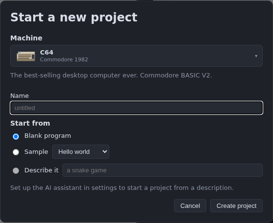 The Start a new project dialog: the chosen machine with its description, a name field, and Blank program / Sample / Describe it as starting points