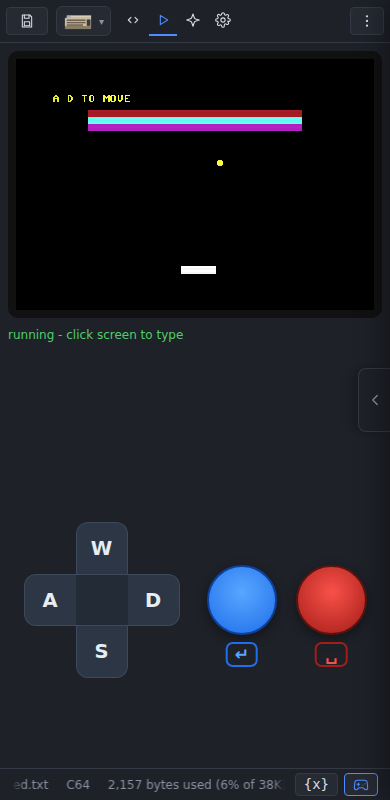 Basically on a phone: the emulator tab running a Commodore 64 game with the virtual gamepad