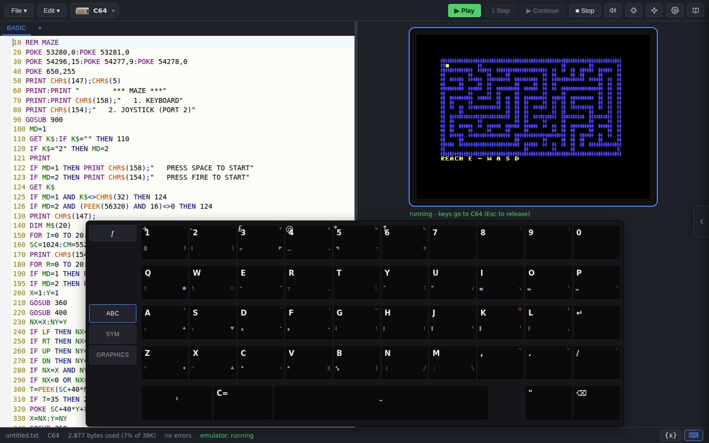 The Basically IDE on the desktop: a Commodore 64 maze game in the editor, running in the built-in emulator, with the on-screen keyboard