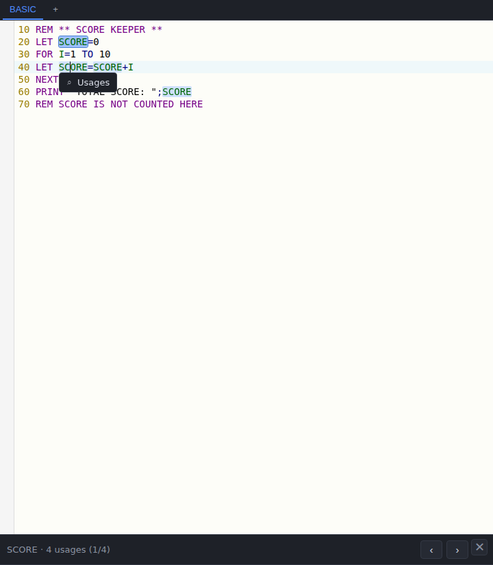 The Usages menu open under a variable name in the editor, with every use of that name highlighted and the usages bar at the foot of the editor